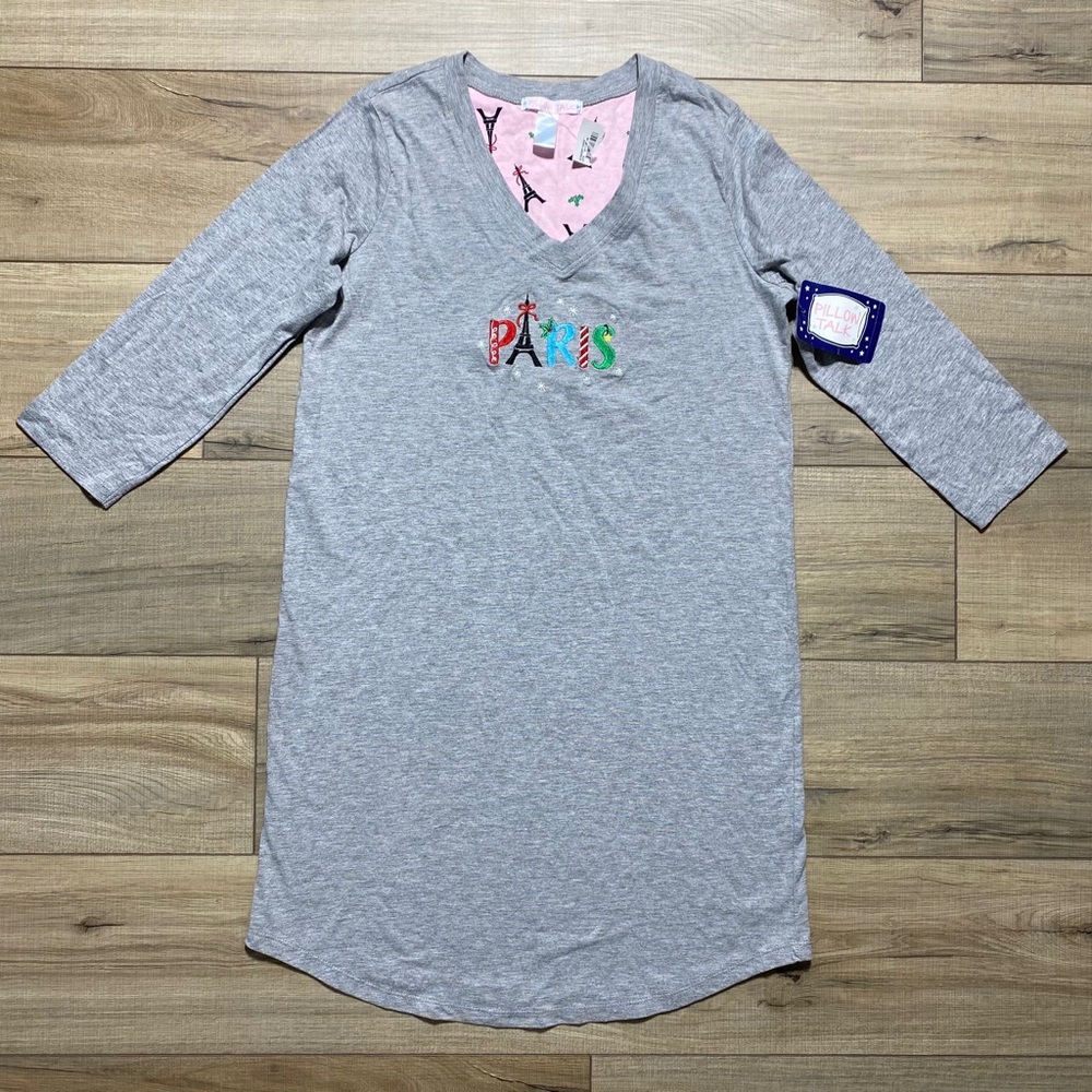 Pillow Talk Womens Paris Christmas 3/4 Sleeve Nightgown Size Small Gray‎